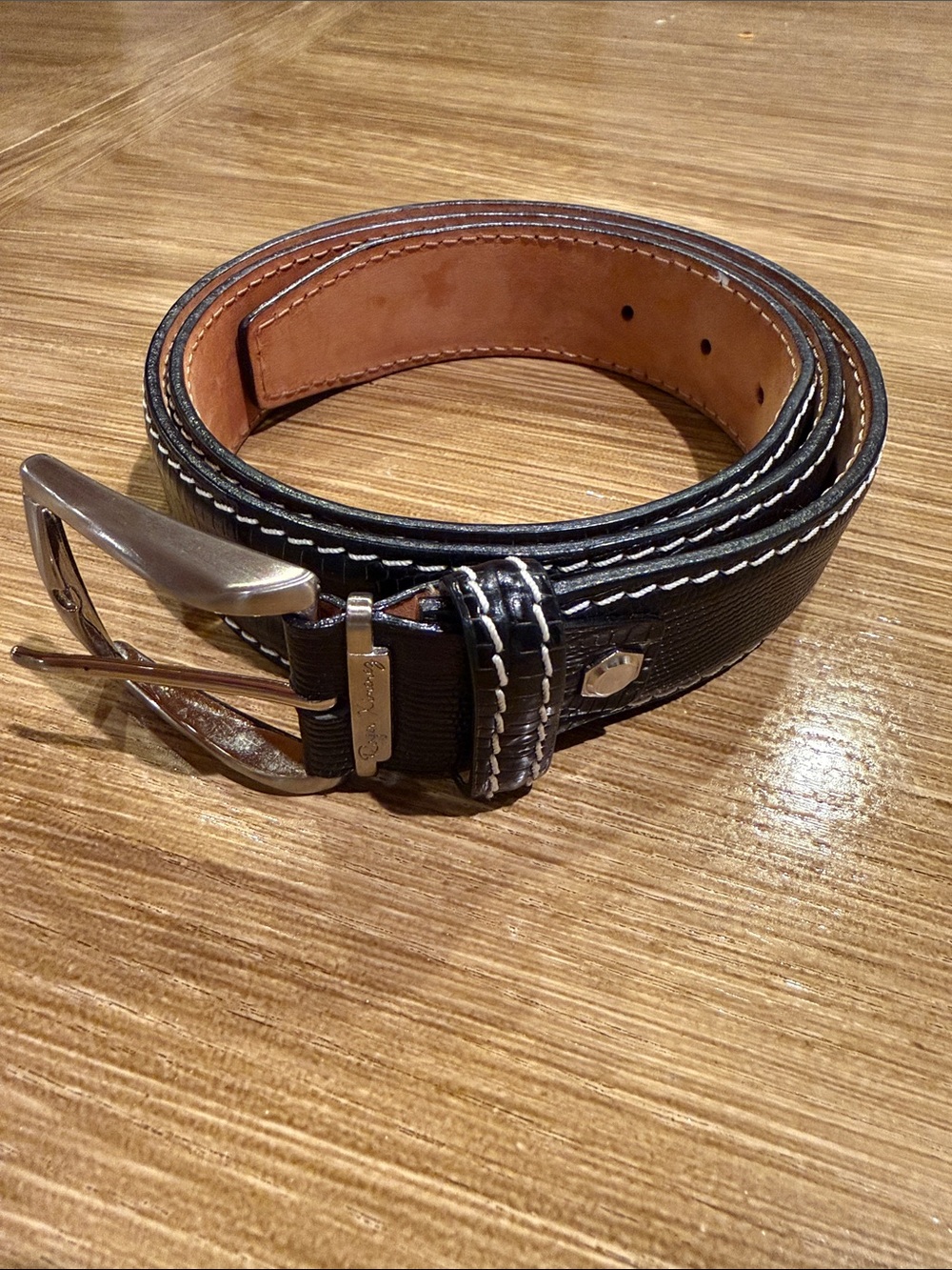 Roger Ximenez Men's Black Leather-Trim Belt with Contrast Stitching